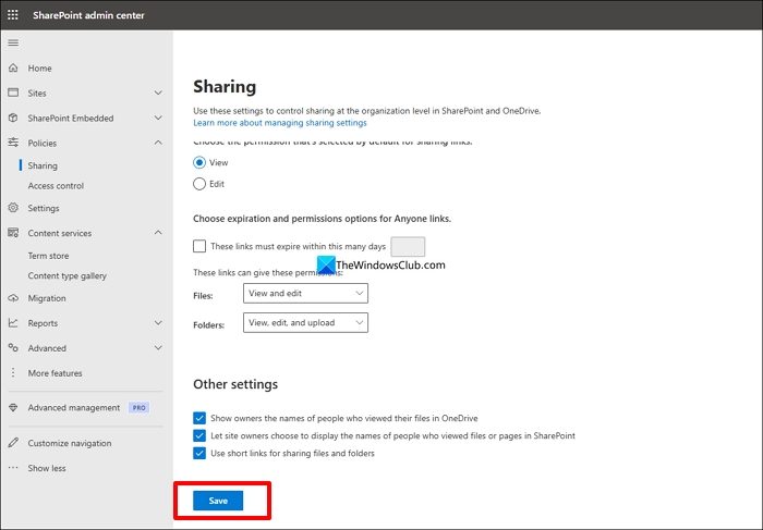 Salva le opzioni di condivisione su SharePoint