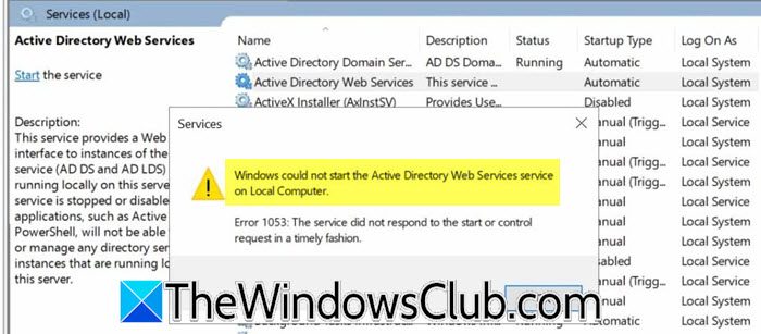 Windows could not start Active Directory Web service on Local Computer
