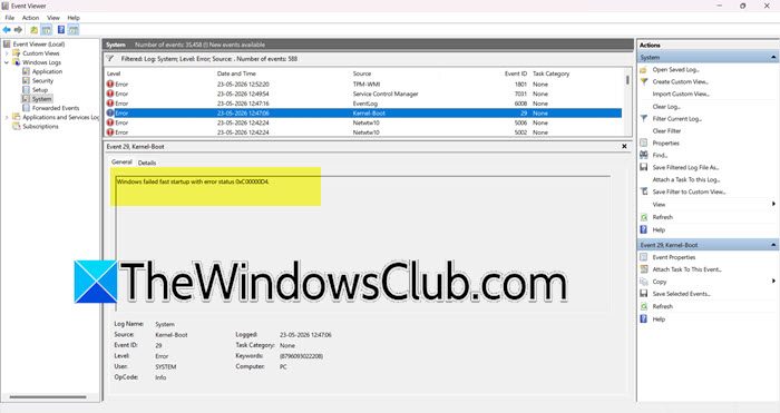 Windows failed fast startup 0xC00000D4
