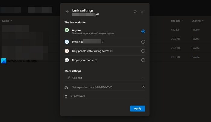 impostazioni dei collegamenti su OneDrive