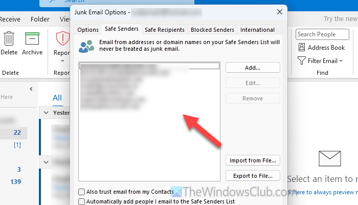 Outlook blocks Safe Senders list in Windows 11