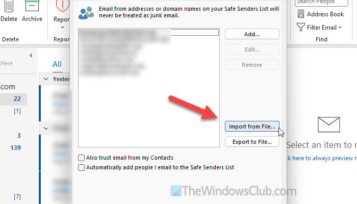 Outlook blocks Safe Senders list in Windows 11