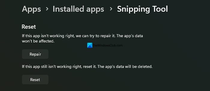 repair or reset snipping tool