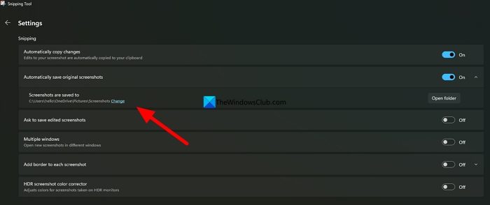 screenshot saving location on Snipping tool