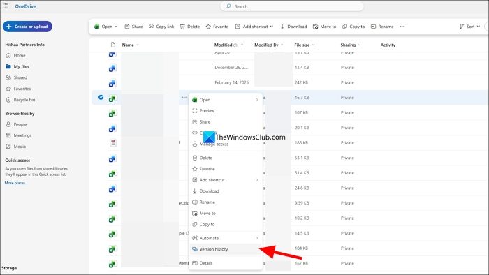 version history on OneDrive