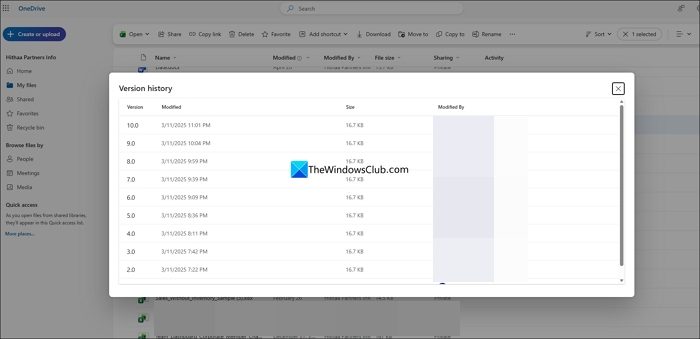 version history timeline on OneDrive