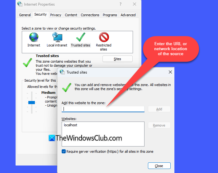 Add the source to Trusted Sites Add the source to Trusted Sites
