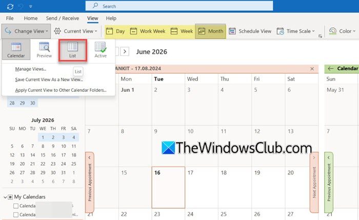 Calendar List View Calendar List View