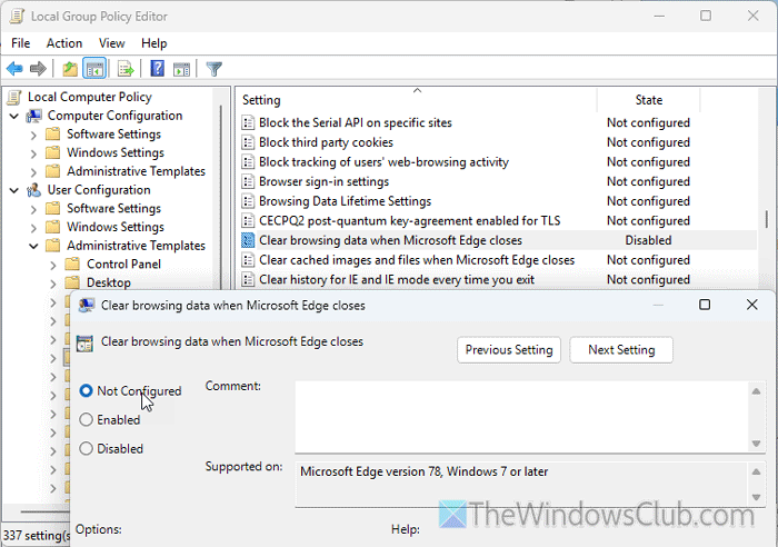 Edge Clear browsing data on close not working