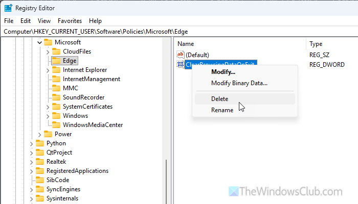 Edge Clear browsing data on close not working