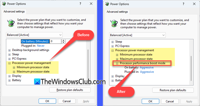 Processor performance boost mode in Power Options