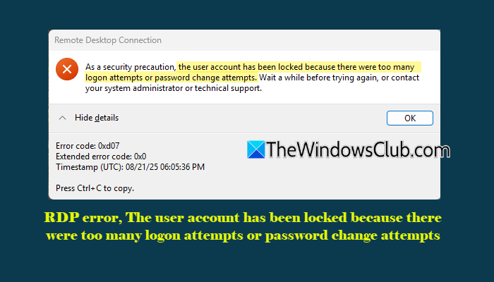 RDP error The user account has been locked RDP error The user account has been locked