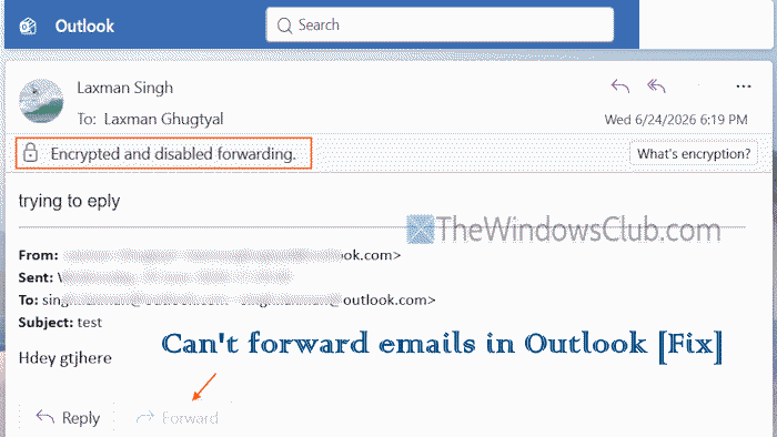 cant forward emails in outlook