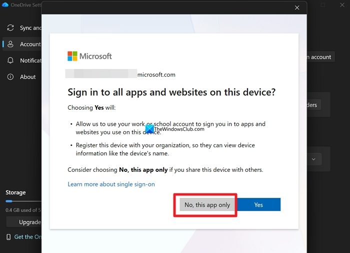 choose options to sign in OneDrive