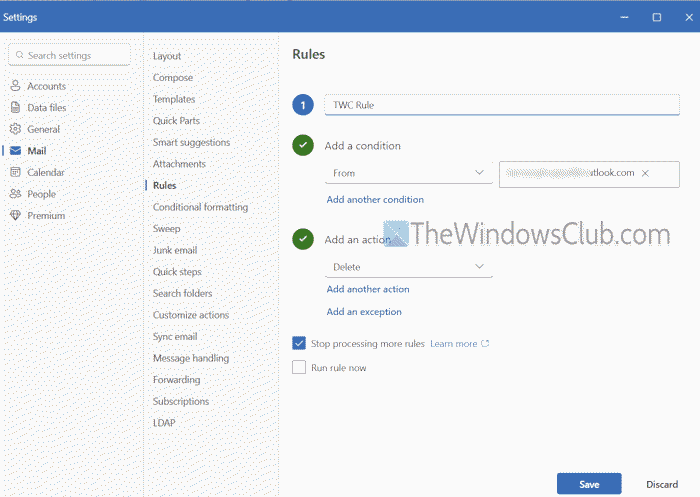 edit rule setting outlook app
