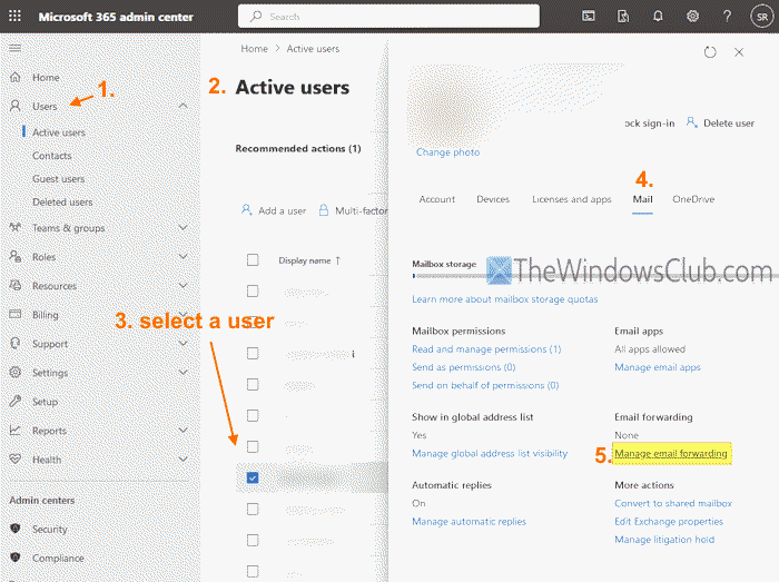 email forwarding Microsoft 365 admin center