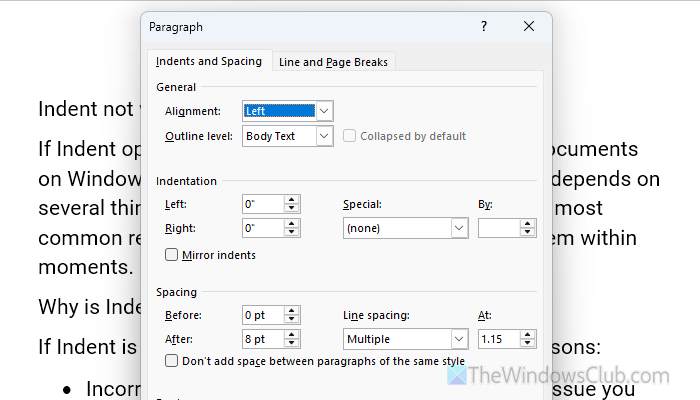 Indent not working in Word