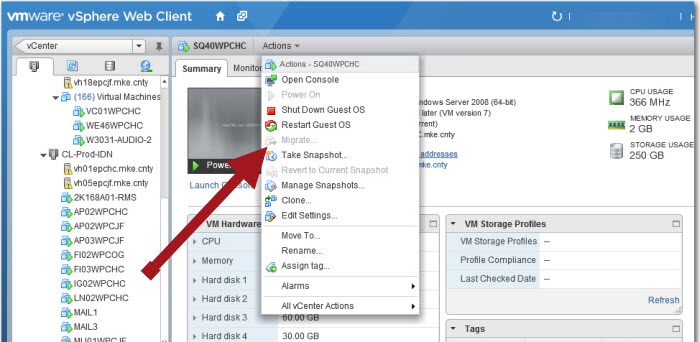 Migrate option is grayed out in VMware