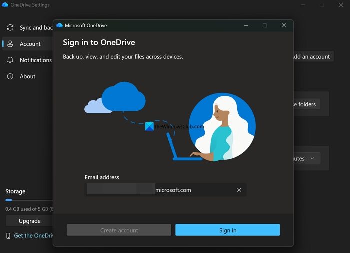 sign in with other account on OneDrive