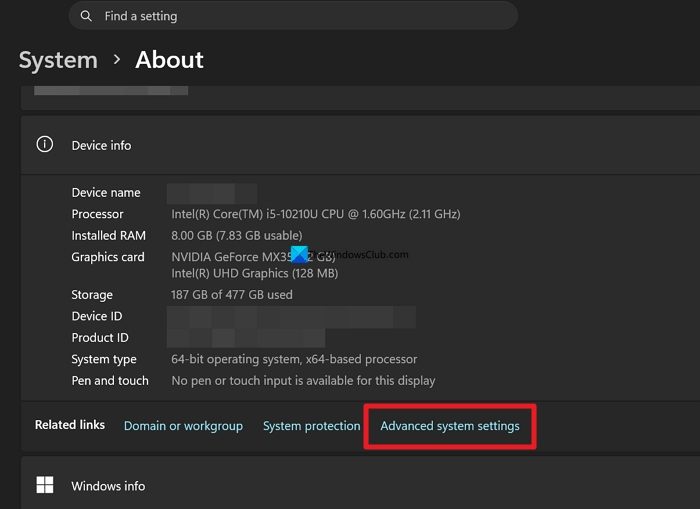 Advanced system settings on Windows 11