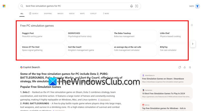 Bing response for games search Bing response for games search