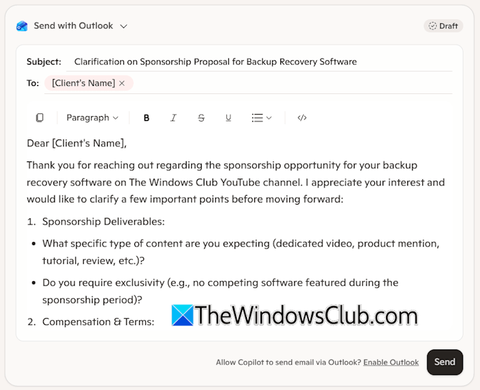Drafting a professional email with Copilot Drafting a professional email with Copilot