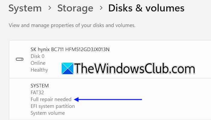 Hard drive partition showing Full repair needed
