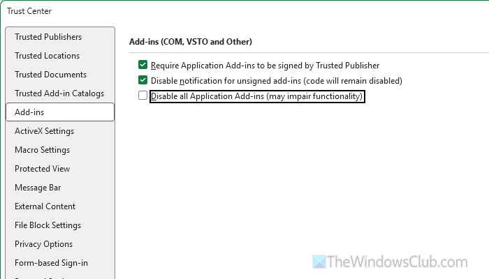 Cannot enable disabled add-ins in Excel, Word, PowerPoint