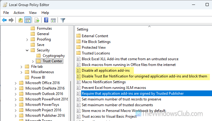 Cannot enable disabled add-ins in Excel, Word, PowerPoint