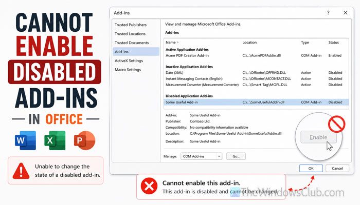Cannot enable disabled add-ins in Excel, Word, PowerPoint