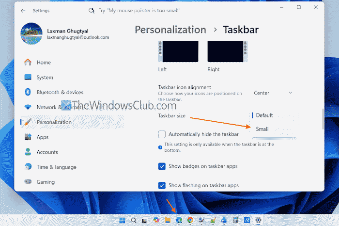 change taskbar size settings app change taskbar size settings app