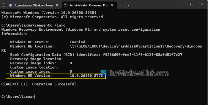 check winre version command prompt