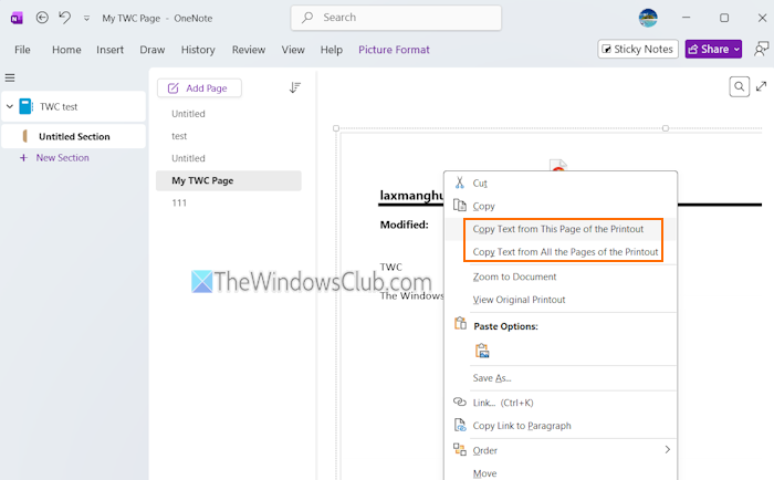 copy text from printout onenote