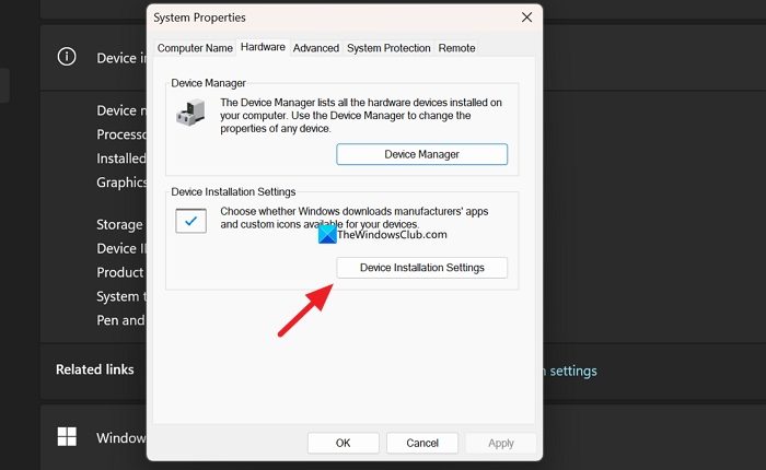 device installation settings