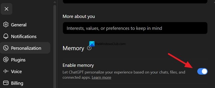 disable memory on ChatGPT