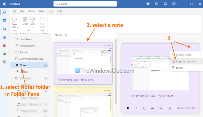 notes folder copy outlook note
