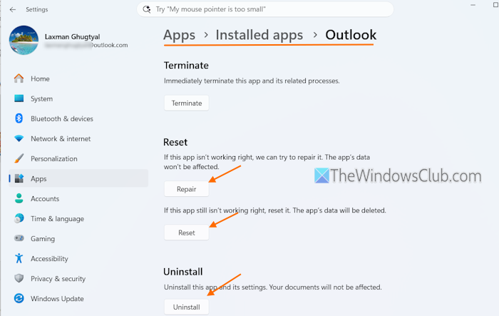 repair reset reinstall outlook app repair reset reinstall outlook app