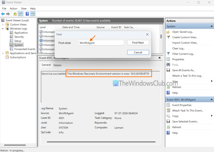 verify winre version event viewer