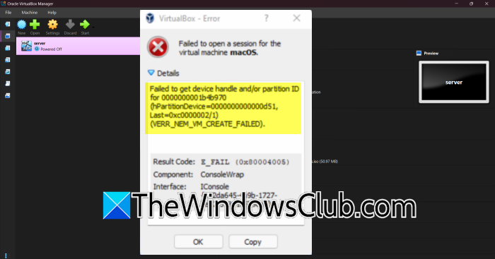 VirtualBox failed to get device handle