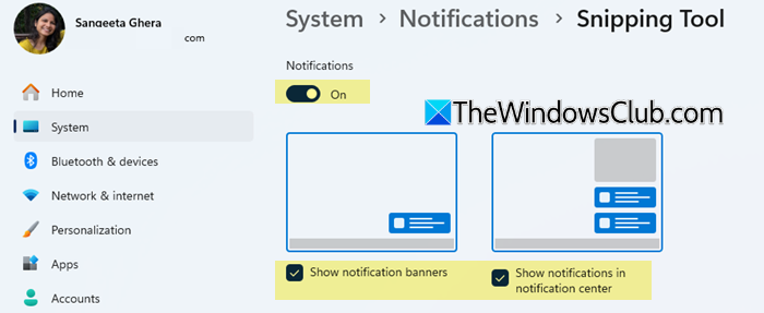 Check notification settings for Snipping Tool Check notification settings for Snipping Tool