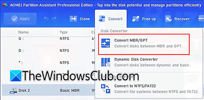 Convert MBR to GPT with AOMEI