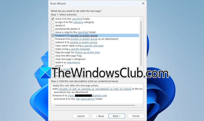 Define actions for rules in Outlook
