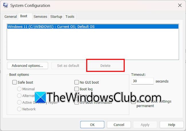 Delete boot entry MSConfig