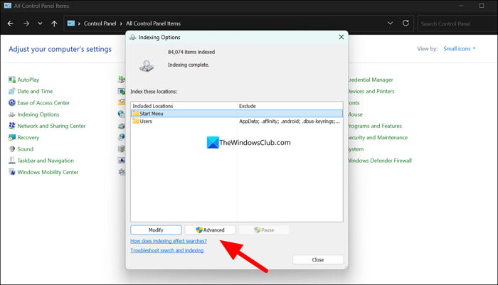 Indexing Options settings