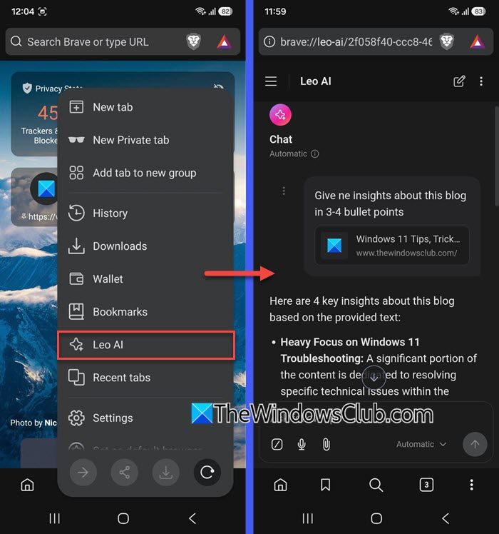 Leo AI in Main menu Android Leo AI in Main menu Android
