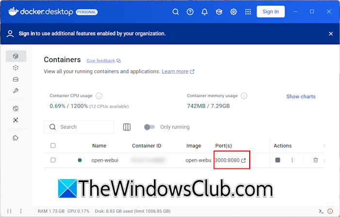 Open WebUI container Docker
