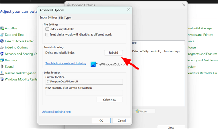 Rebuild search index on Windows