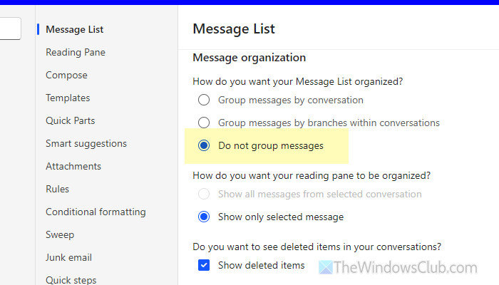 Show as Conversations grayed out in Outlook