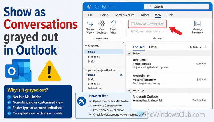 Show as Conversations grayed out in Outlook