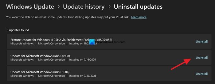 Uninstall Windows update recent